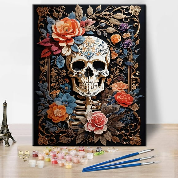 shiyou-Adult Skull Paint by Number Kit on Canvas, DIY Color by Number Skeleton Home Decor, 16 x 20 Inch