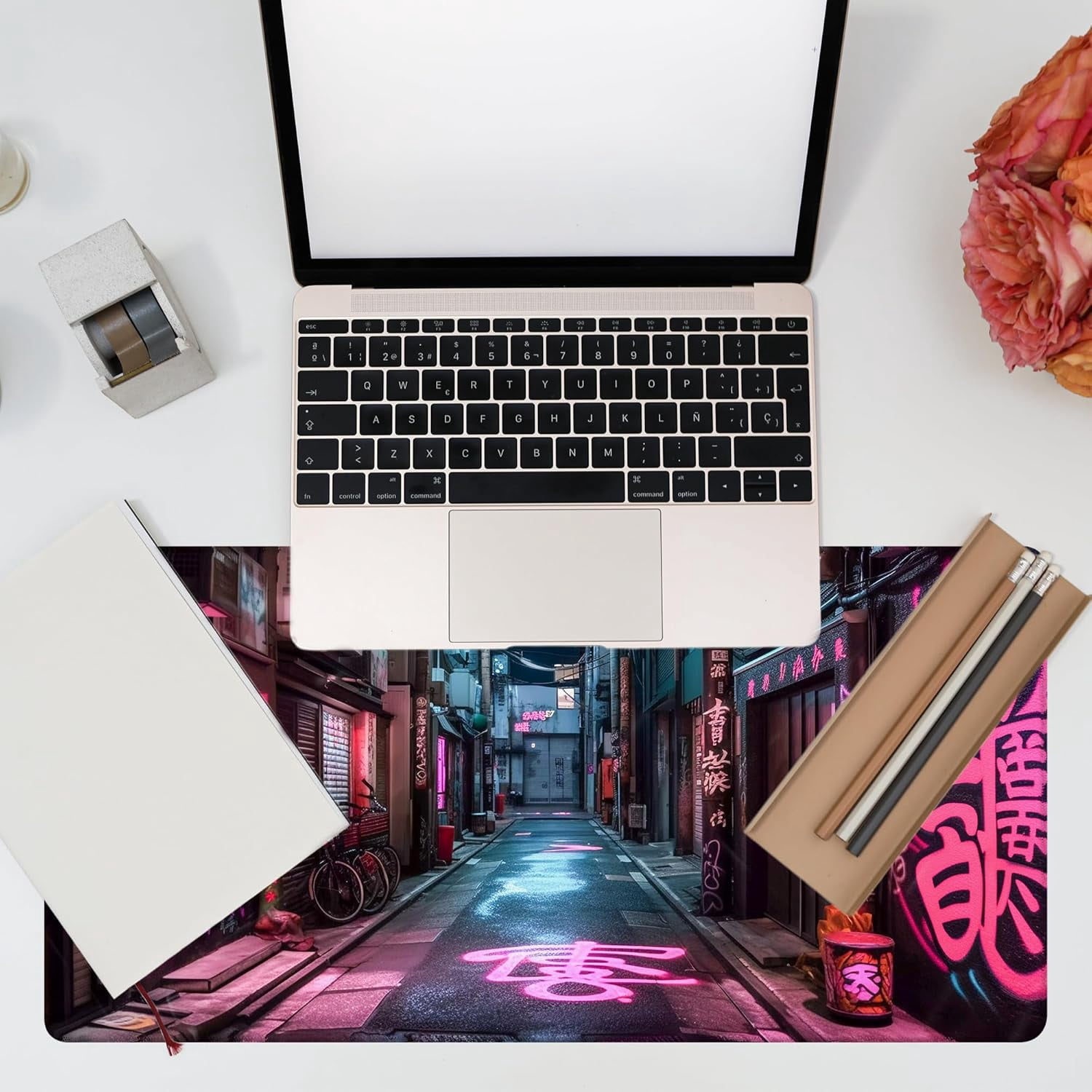 Desk Pad, Anime City Street Scene Desk Mat, Pink Neon Street Large Gaming Mouse Pad for Desk, 31.5"x11.8" Extended Big Computer Keyboard Mouse Pad with Non-Slip Base and Stitched Edge