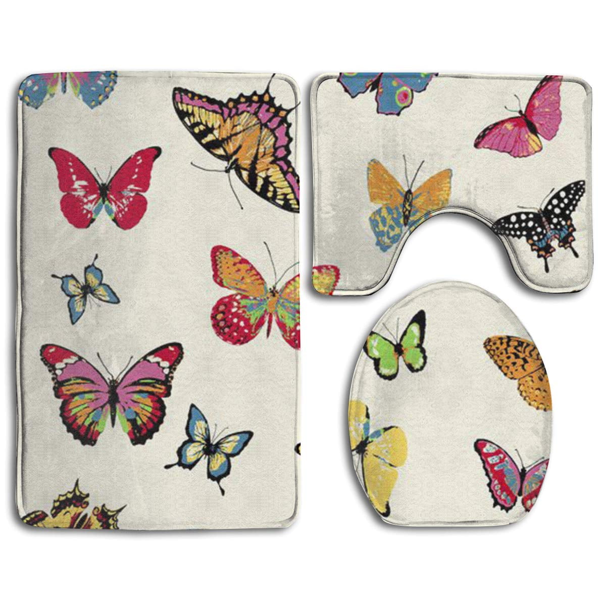 GOHAO Blue Butterfly 3 Piece Bathroom Rugs Set Bath Rug Contour Mat and