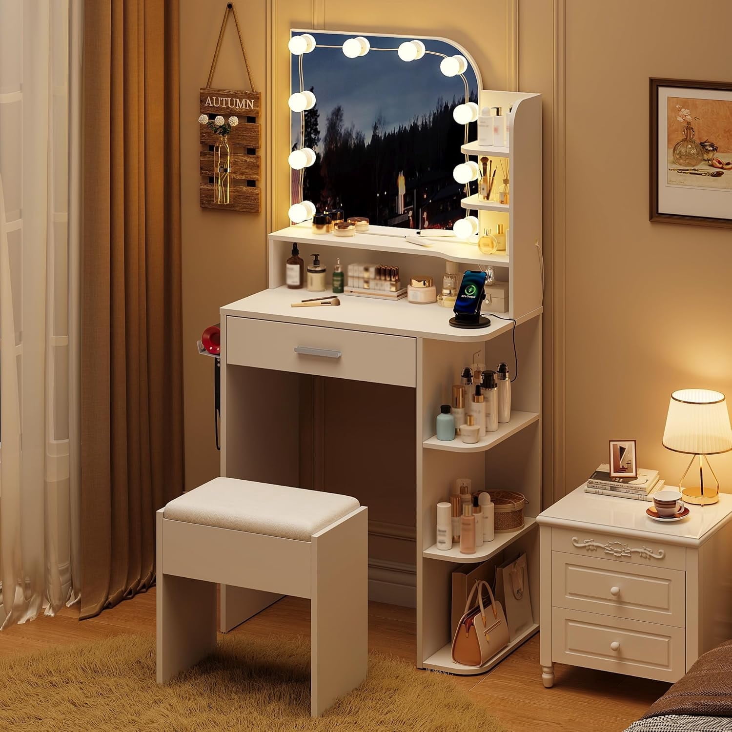 Vanity Set with Mirror and Lights, Small Makeup Vanity Desk with Stool, Charging Station, 26.4" Compact White Vanity for Small Spaces, 3 Color Lighting Modes
