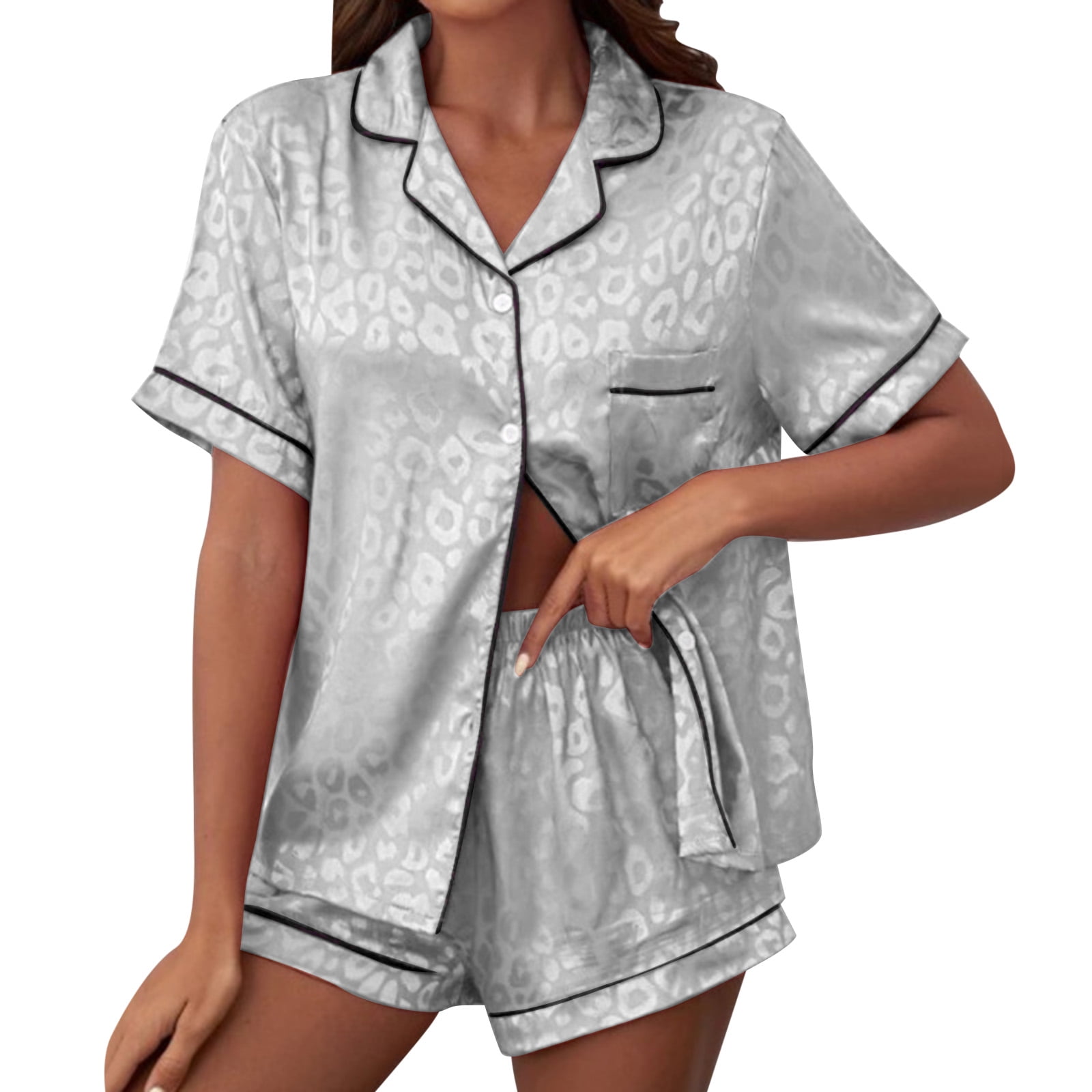 eczipvz Womens Pajamas Women s Satin Silk Pajama Set Short Sleeve T shirt With Shorts PJ Set M B