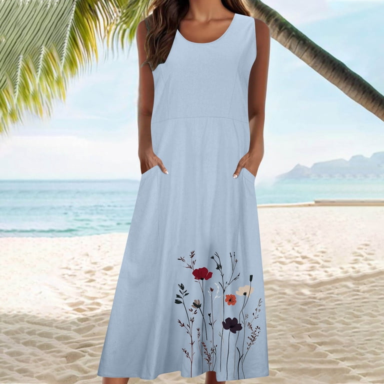 SKIYLEVZ Beach Dresses for Women Fashion Solid Color Sleeveless Round Neck Pocket Dress Skirt Floral Vocation Beach Sundress Light Blue (Size:S-5XL), SKIYLEVZ Beach Dresses for Women Fashion Solid Color Sleeveless Round Neck Pocket Dress Skirt Floral Vocation Beach Sundress Light Blue (Size:S-5XL),