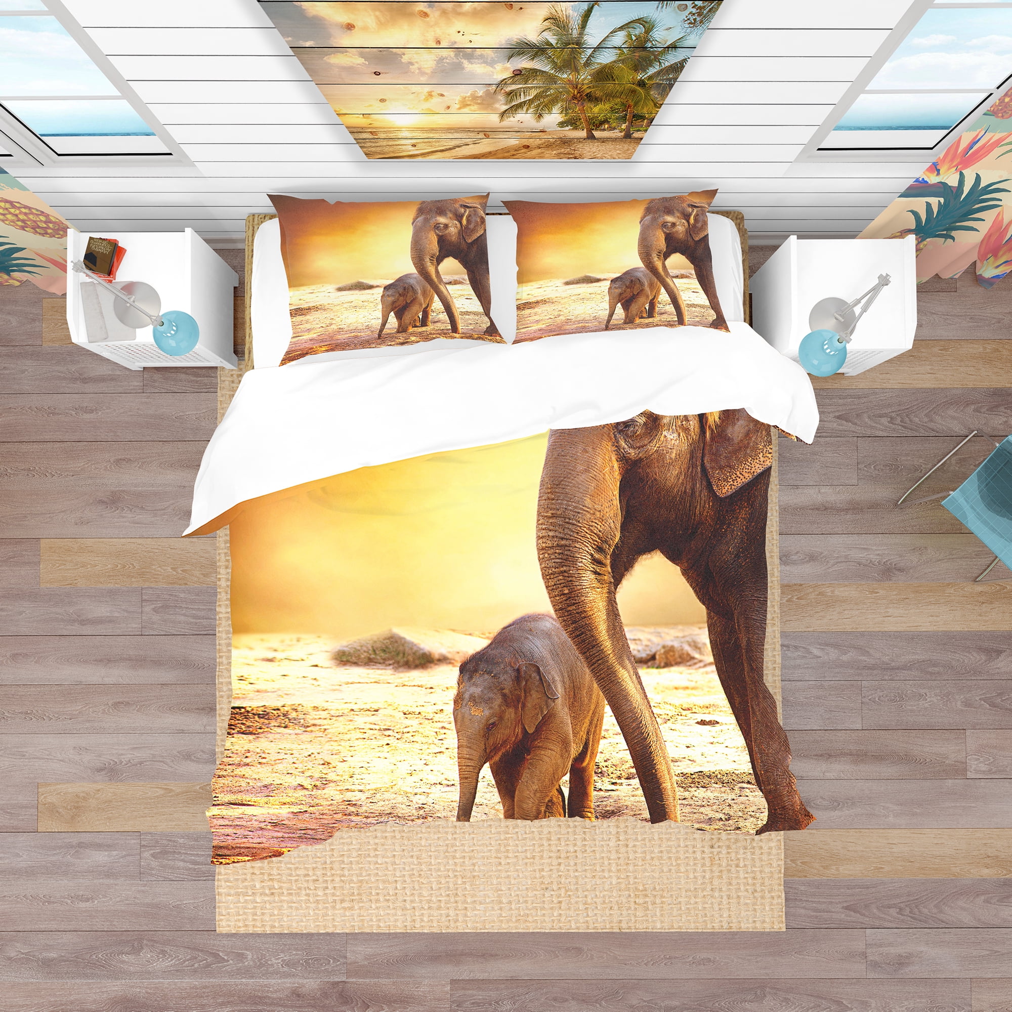 Designart 'Elephant Mother and Baby Outdoors' Tropical Duvet Cover Set