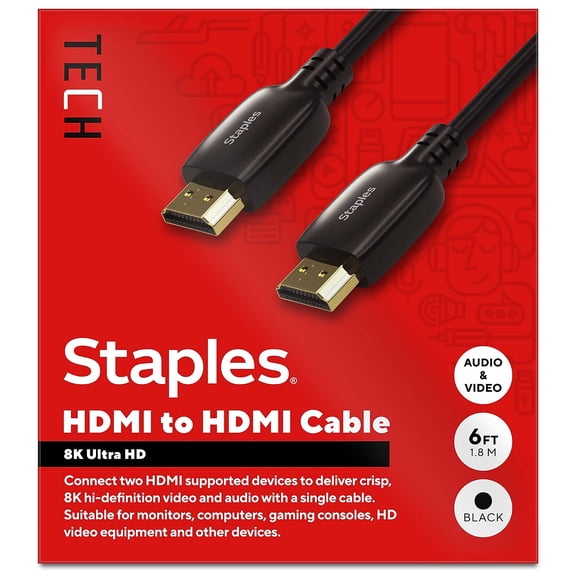 Staples TECH 6 ft. HDMI to HDMI Audio/Video Cable Male to Male Black (ST62477)