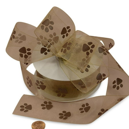 Printed Paper Ribbon - Brown Sheer Paw Prints Ribbon 5/8