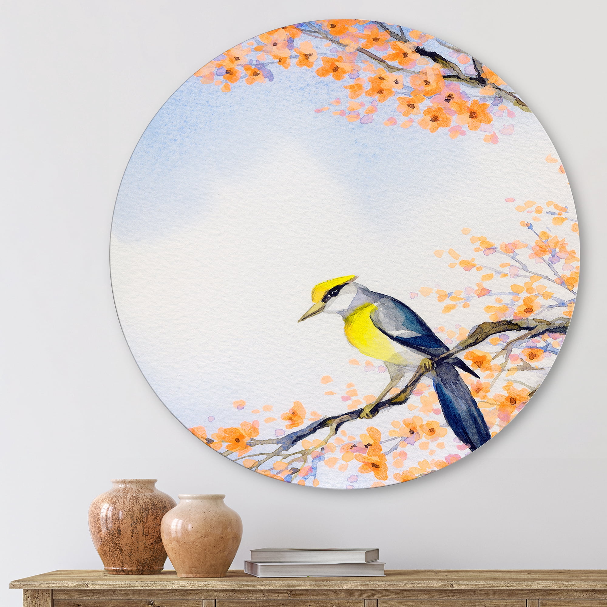 Designart 'Beautiful Blue Bird Sitting On Flowering Branch II' Traditional Circle Metal Wall Art 11x11 - Disc of 11