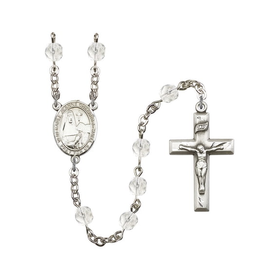St. Jeanne Chezard de Matel Silver-Plated Rosary 6mm April Crystal Fire Polished Beads Crucifix Size 1 3/8 x 3/4 medal charm