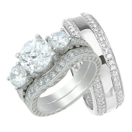 His and Hers High Quality CZ Wedding Ring Set Matching Sterling Silver Bands for Him and Her (6/8) (Choose