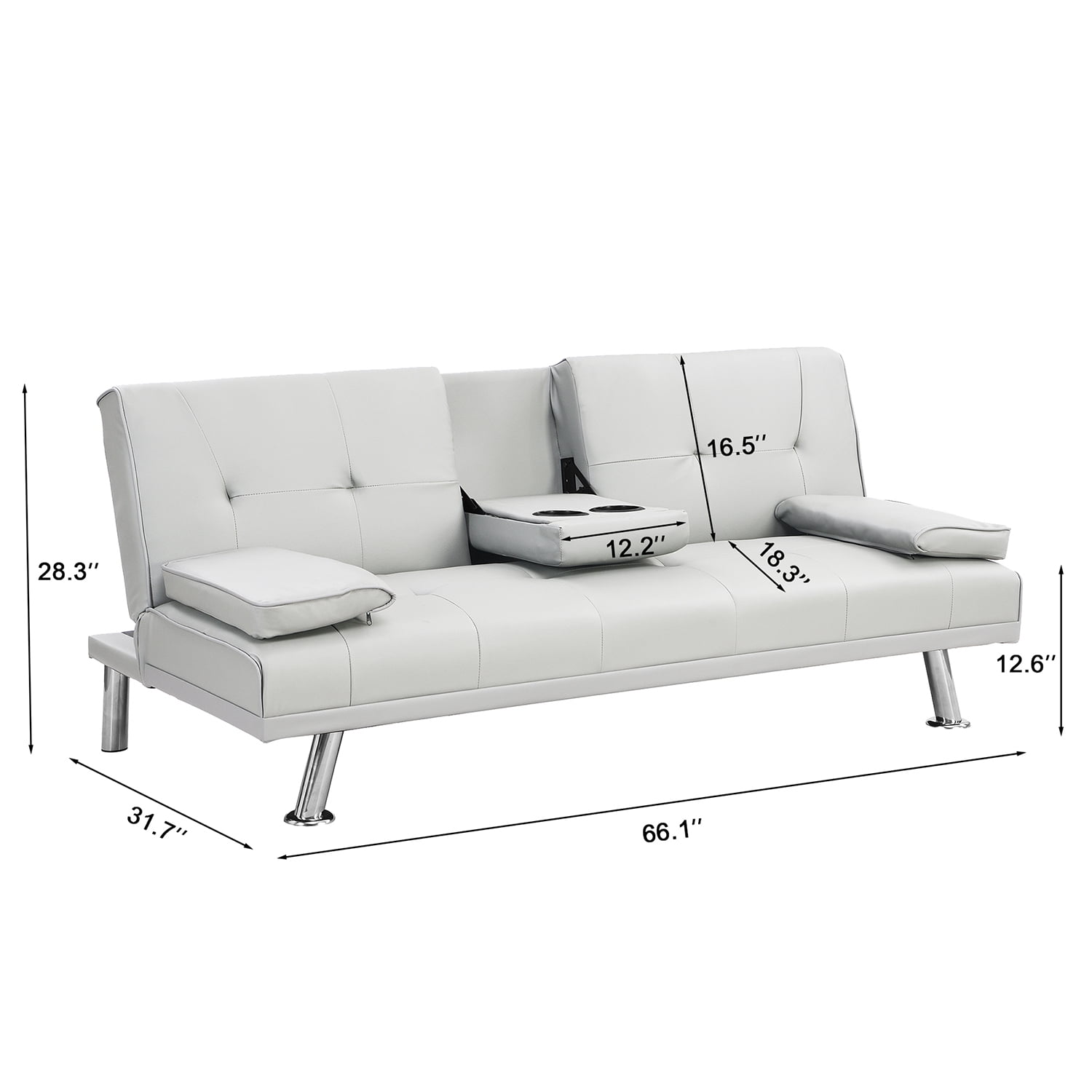 Kadyn Futon Sofa, Mid Century Sofa Bed with Armrest, Leather Futon for Office, White Kadyn Futon Sofa, Mid Century Sofa Bed with Armrest, Leather Futon for Office, White
