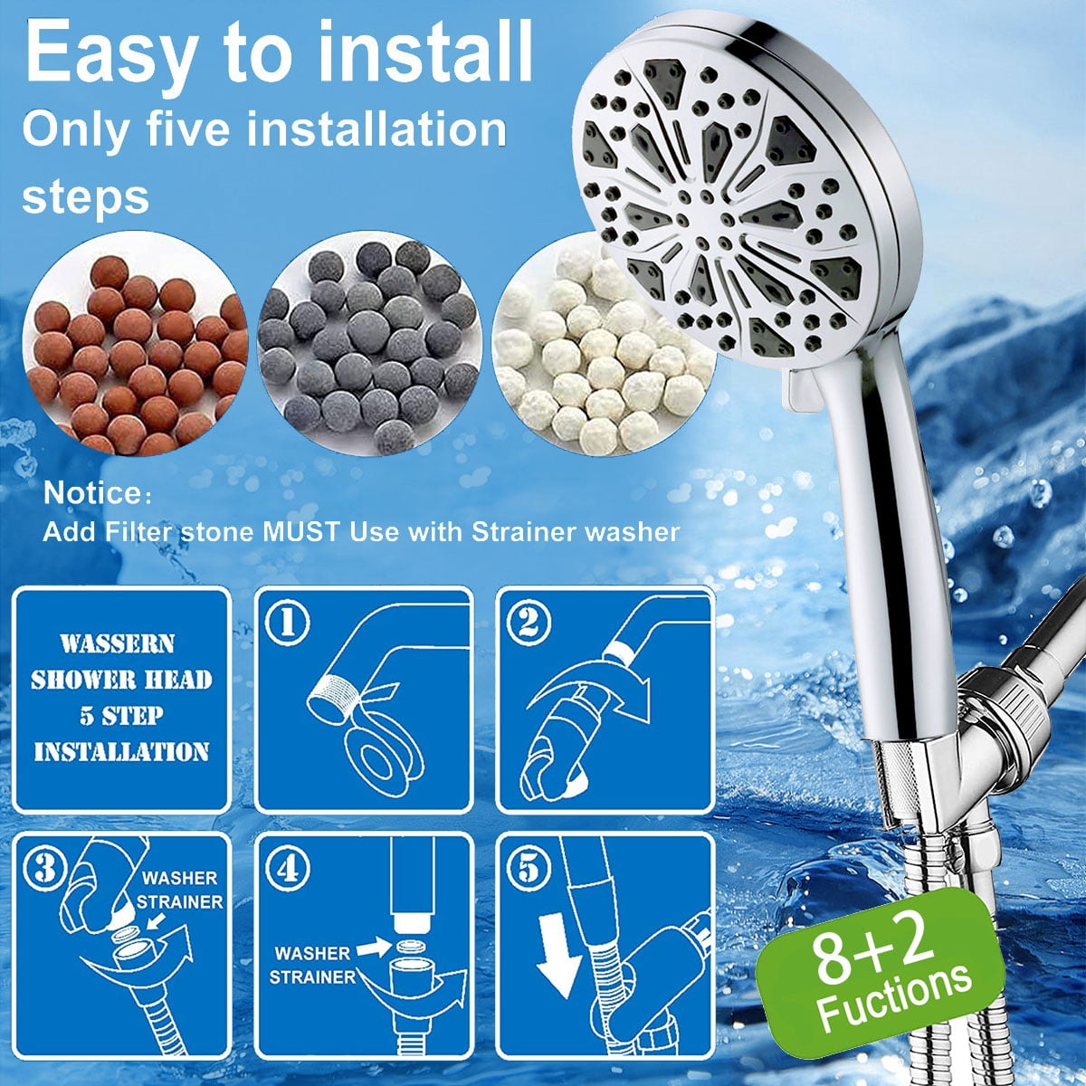 Duklik Filtered Shower Head with Handheld, High Pressure Shower Head with 10 Spray Modes, Power Wash, 5ft Stainless Steel Hose - Adjustable Bracket, Easy Install, for RV/Bathroom