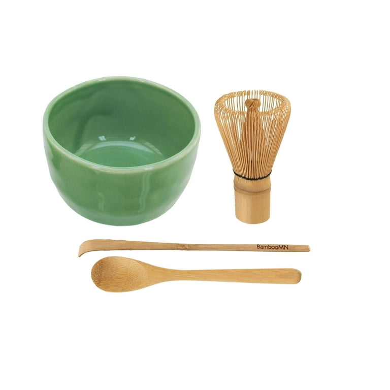 BambooMN Brand - Matcha Green Tea Whisk Set - Whisk + Scoop + Tea Spoon +  Soft Light Green Bowl