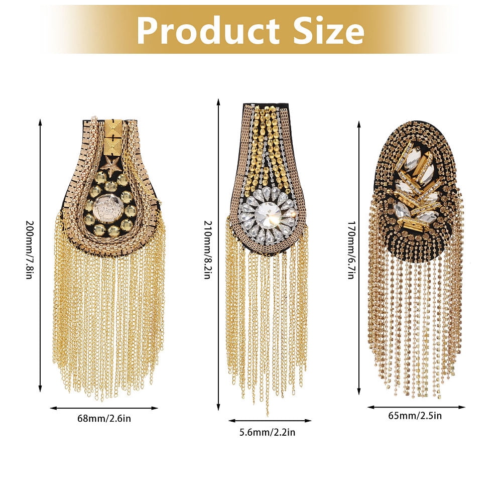 6Pcs 3 Styles Rhinestone Tassel Shoulder Applique with Iron Chains & Pin Fringe Patch Shoulder Badges Fringe Shoulder Epaulette Shoulder Badge