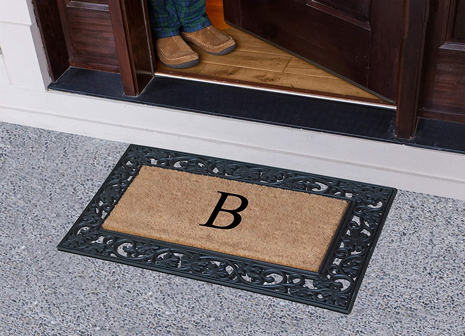 A1 Home Collections Rubber Coir Doormat Outdoor Entrance Floor Entryway Mat, Beige/Black, 23"x 38"