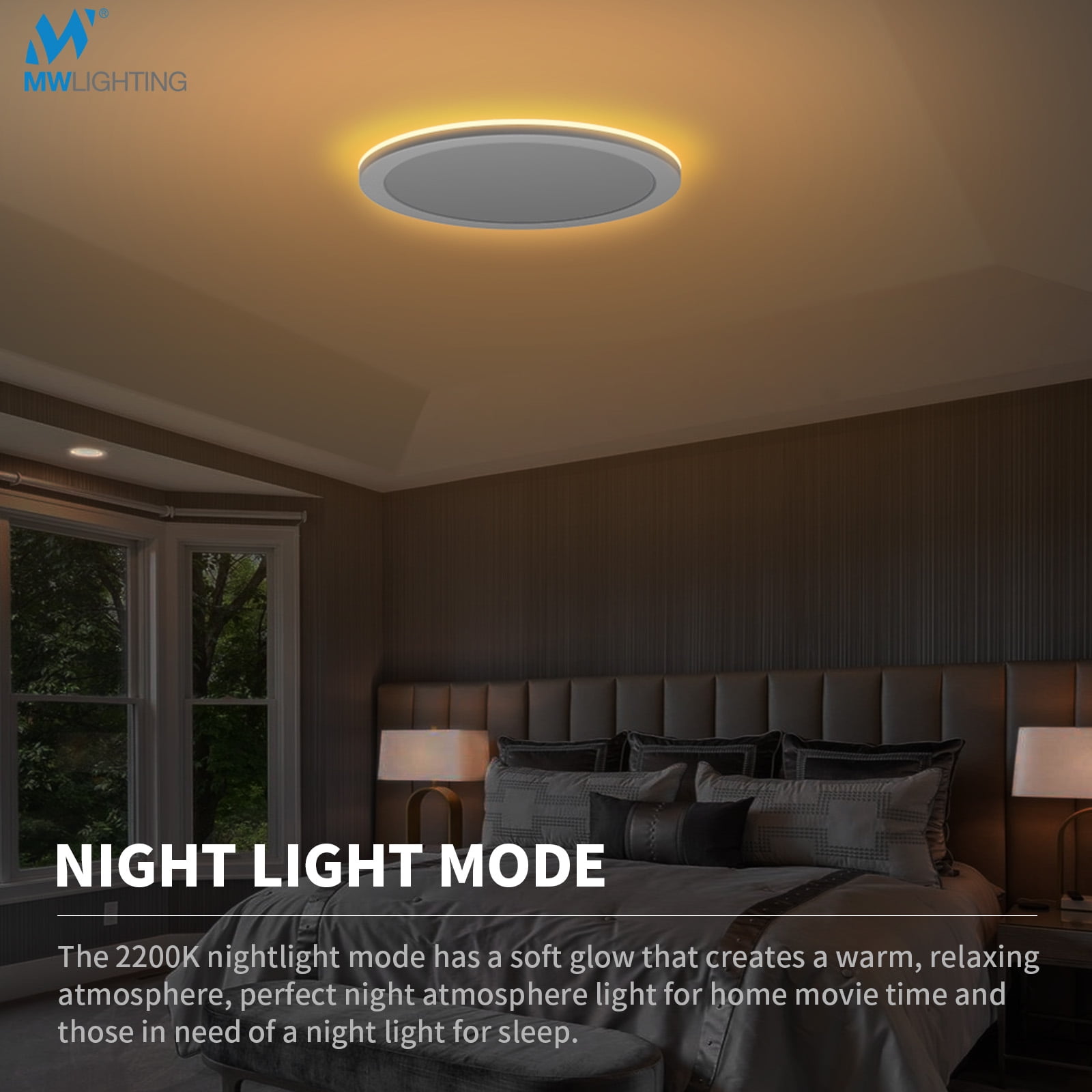 MW 12 Inch LED Flush Mount Night Lights, 24W，1500Lm，2700K-5000K 5CCT, Dimmable,Ceiling Lamp Surface Mount Round Lighting Fixture For Bedroom Living Room，White