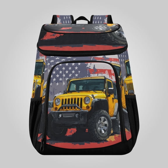 36 Can Large Insulated Backpack Cooler, Leakproof Lunch Bag for Work, Picnics, Hiking, Biking & Outdoor Activities, Reusable Travel Tote with Multiple Pockets Yellow Jeep Car Pattern