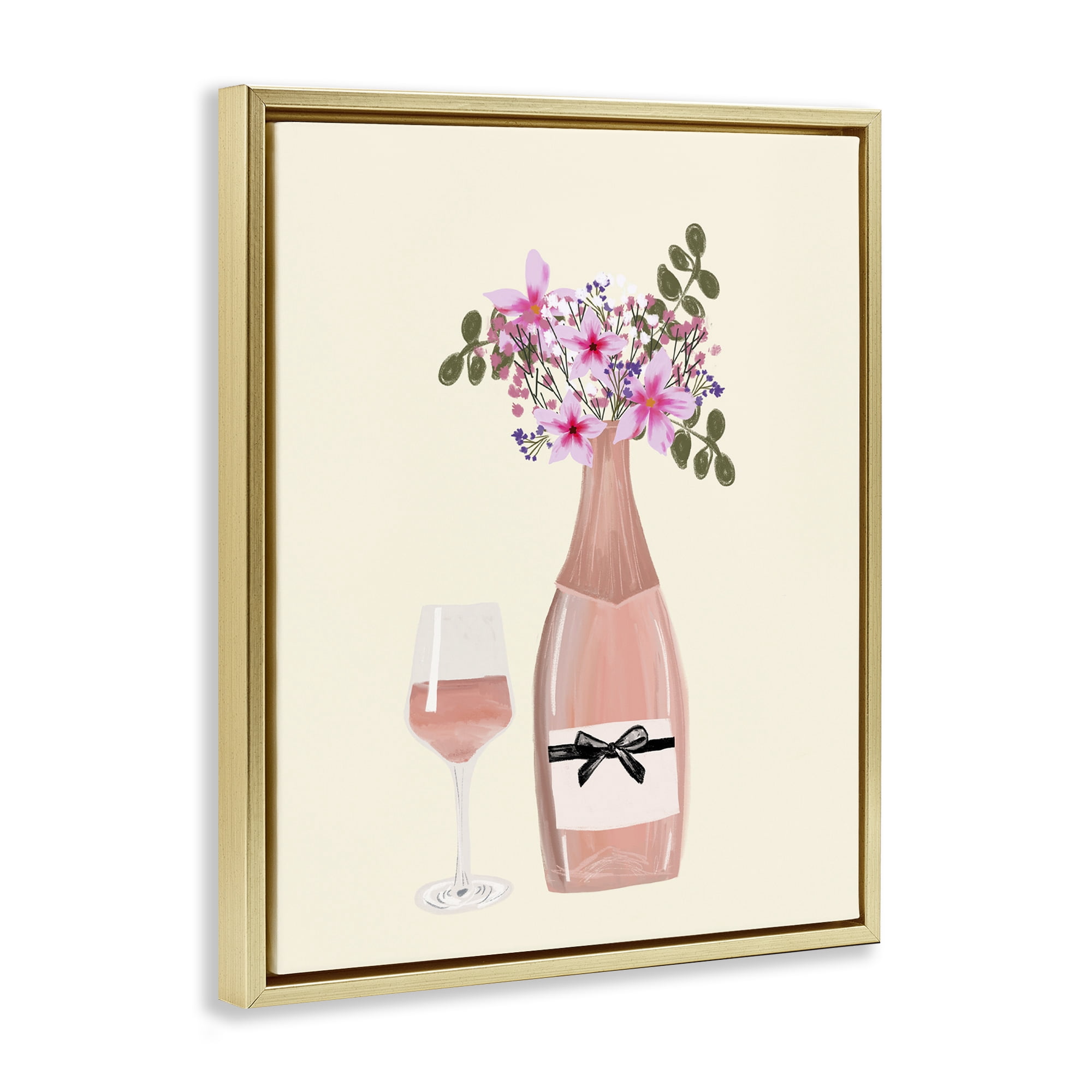 Stupell Industries Floral Champagne & Glass Food & Beverage Painting Gold Floater Framed Art Print Wall Art, 25 x 31
