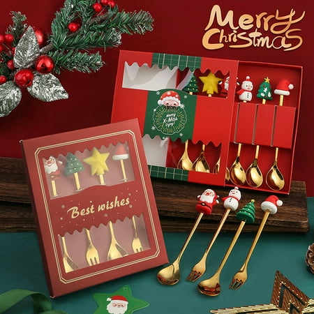 

Set D 4PCS6PCS Christmas Gift Cutlery Spoon Fork Set Elk Tree Dessert Spoon Fruit Fork
