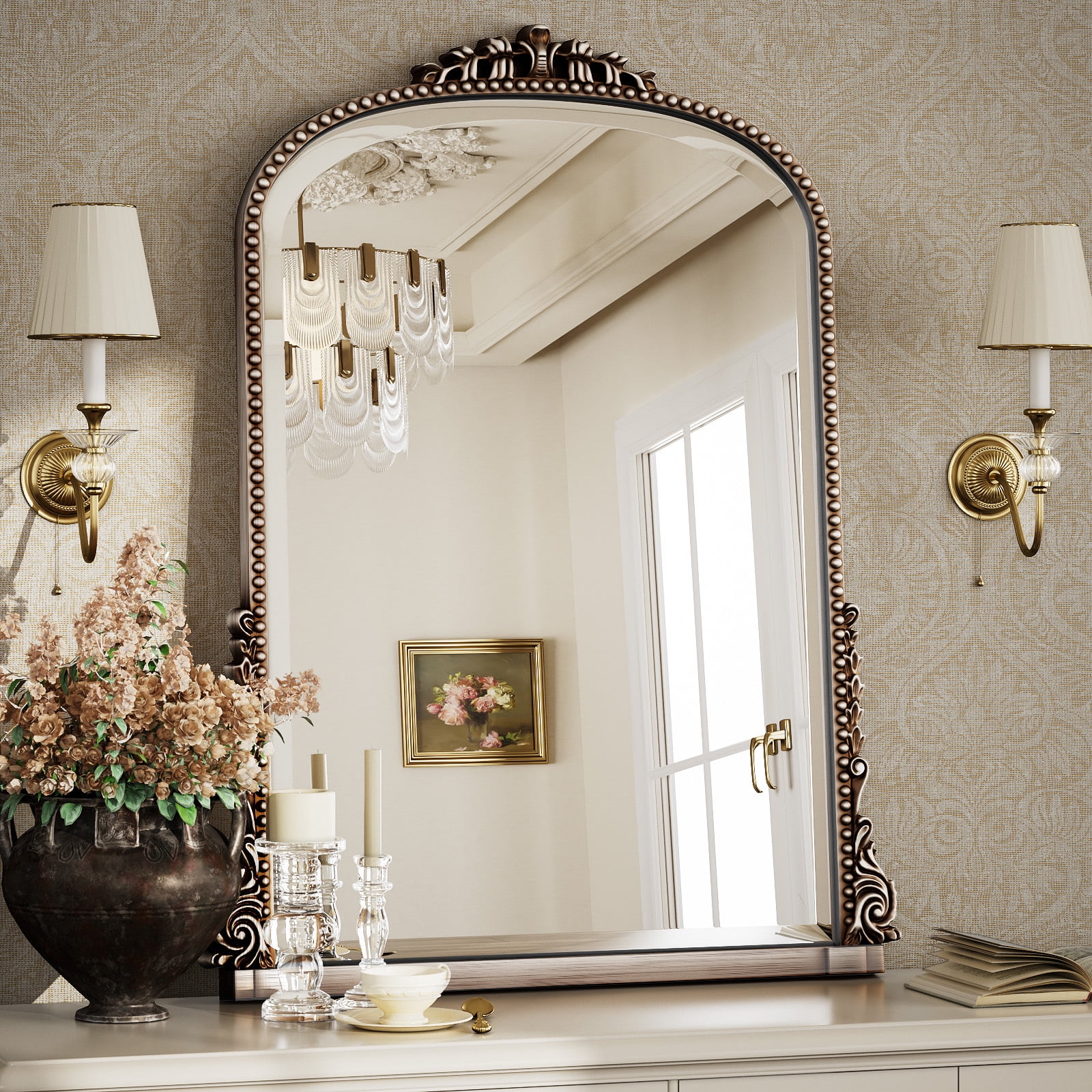 Puremirror 24"x32" Antique Arched Bathroom Mirror Wall Mounted Vintage Mirror, Silver