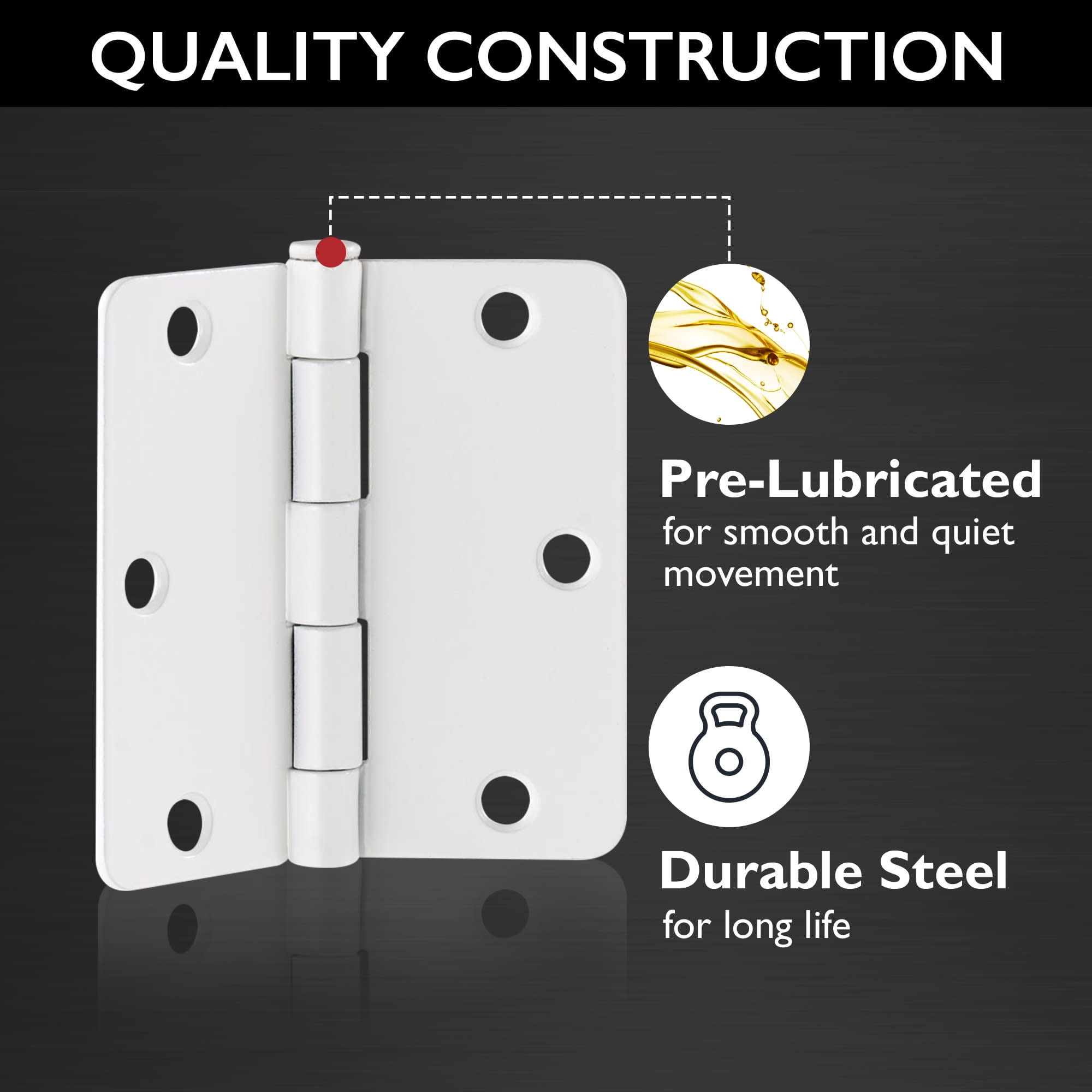 White Steel Plain Bearing Door Hinge with Removable Pin, 3-1/2 x 3-1/2 in. 1/4 in. Radius, 3-Pack