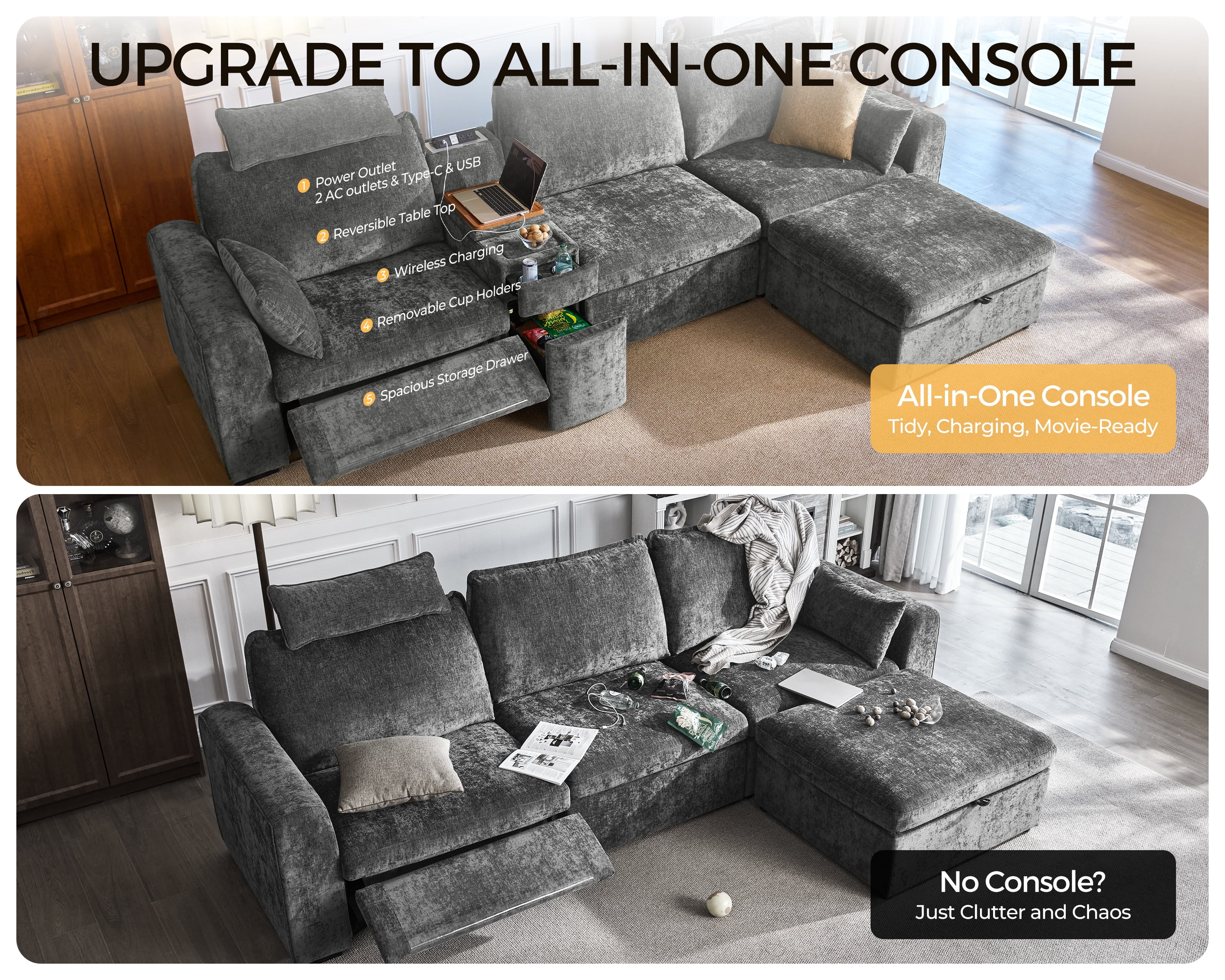 BEDEEP 133.9'' Power Recliner Sofa with Headrest Console, Modular Cloud Sectional Chenille Reclining Couch with Storage Ottoman Chaise, Convertible 6-Seater Sofa Couch for Living Room RV, Gray