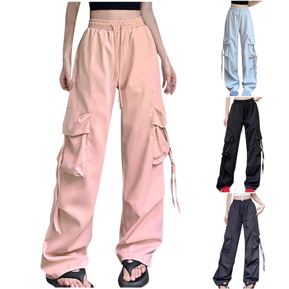 Elastic Waist Pants with Drawstring and Pockets, High Waisted Trousers Joggers Lounge Pants, Casual Daily Work Office Solid Color, Practical Gifts for Women | CSEONE,Black L