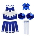thumbnail image 3 of TiaoBug Women Cheerleading Costume Musical Cheer Leader Uniform with Striped Socks Bow Hair Pom Poms Blue B XL, 3 of 5
