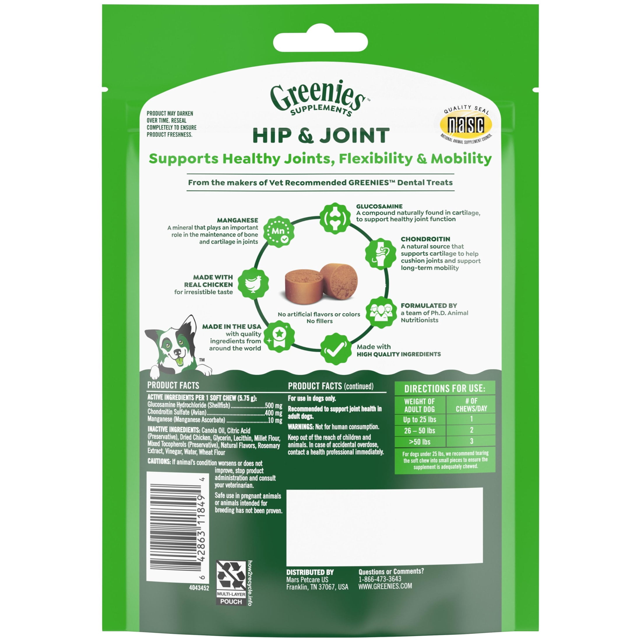 Greenies Supplements Chicken Flavor Hip and Joint Chews for Dogs, 6.08 oz Pouch, 30 Count