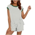 thumbnail image 2 of Gamivast Shorts Sets Women 2 Piece Outfits Striped Crew Neck Tee & Drawstring Pocket Bottoms Summer Lounge Sets Casual Daily Wear Stretchy Pajamas, 2 of 5