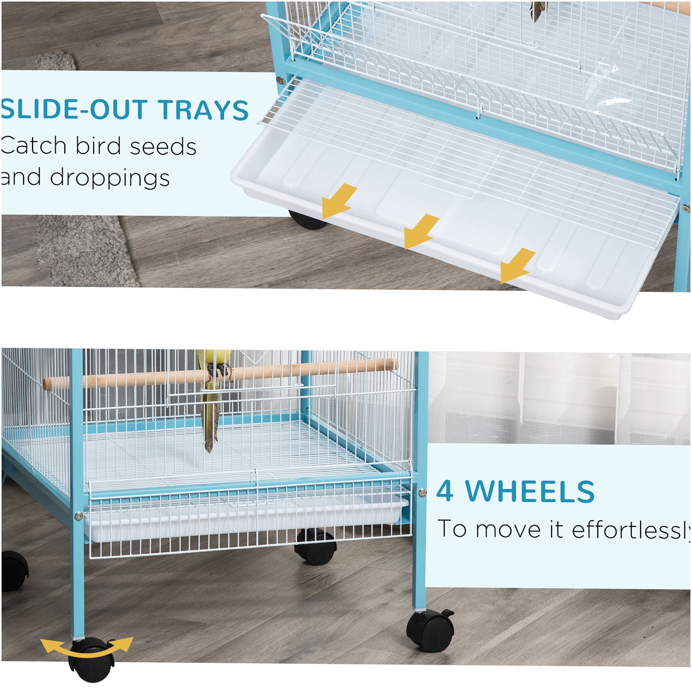 JERFIT 55" Light Blue Large Bird Cage for Conures, Finches & Canaries, Wide 20.5" Flight Aviary with 4 Doors, Wheels & Removable Tray