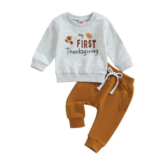 Okbabeha Baby Boys Thanksgiving Outfits Long Sleeve Turkey Print Sweatshirt Top Drawstring Pants Fall Winter Baby Clothes