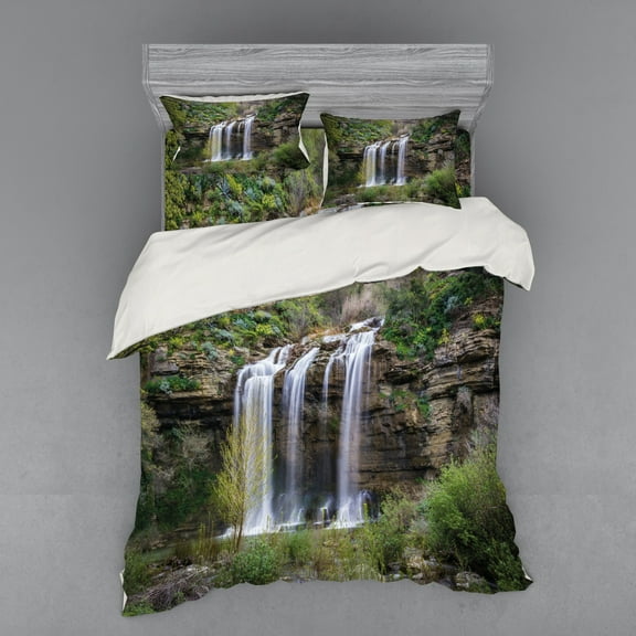 Ambesonne Nature Bedding Set 4 Pcs, Waterfall Forest Sicily, Queen, Brown Green White