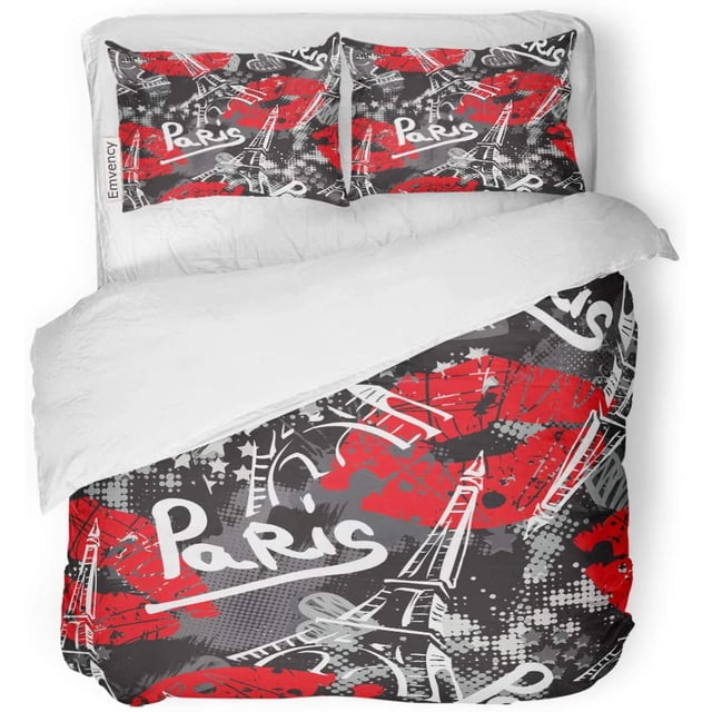ABPHQTO Juego de ropa de cama de 3 piezas Bonjour Paris Fuentes caligráficas originales Sketch Torre Eiffel Funda nórdica con 2 fundas de almohada