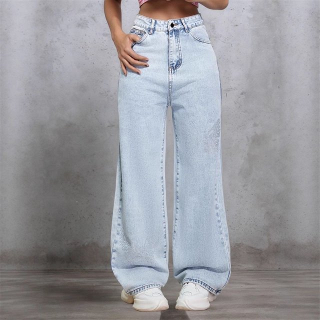 WILLBEST Jeans Mujer Pantalones Vaqueros Desgastados de Cintura Alta Con Pedrería y Pierna Ancha para Mujer, Pantalones Largos Informales Holgados Mediana