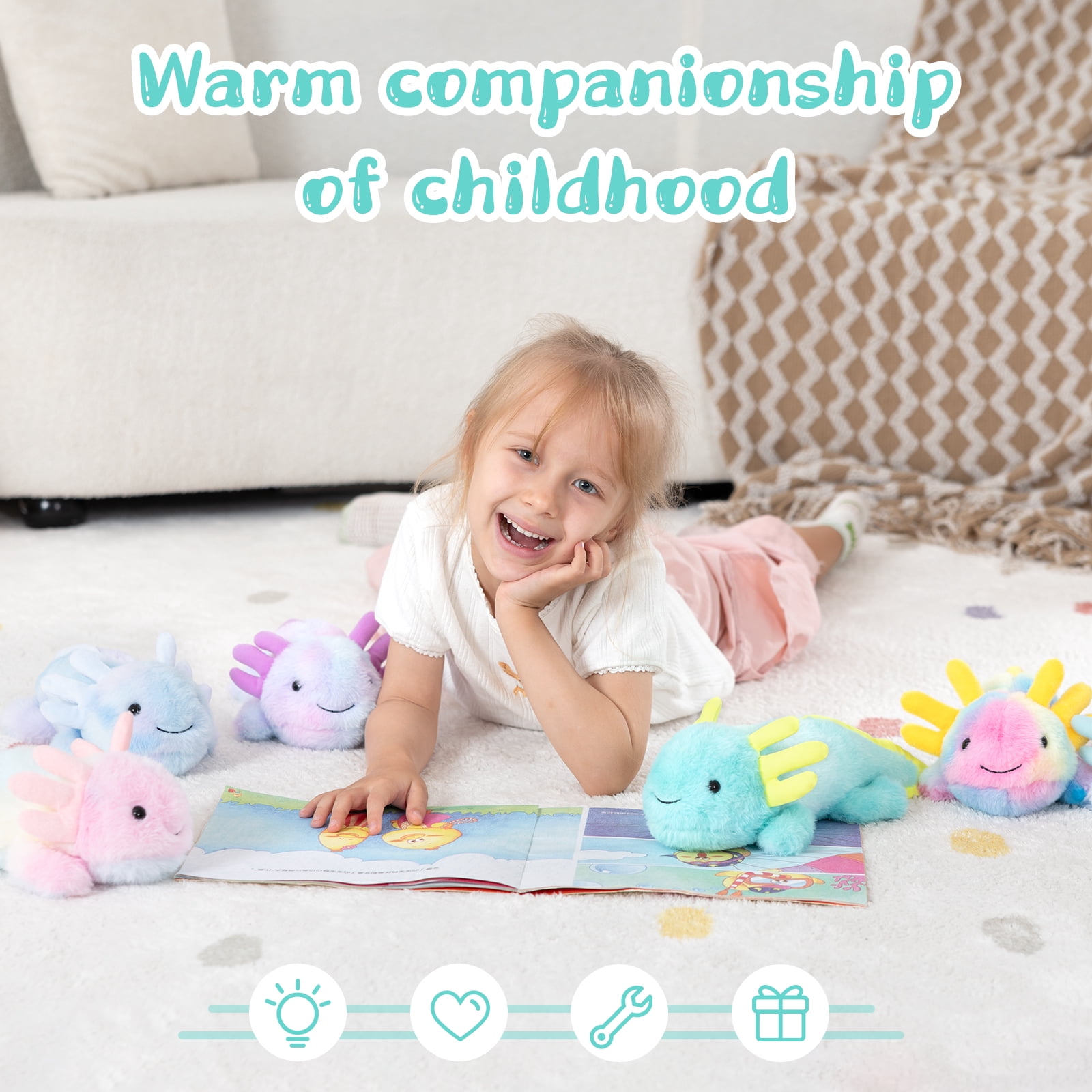 MorisMos 6 Pack Glow in Dark Axolotl Stuffed Animals, Soft Cute Rainbow Salamander Plush Toys