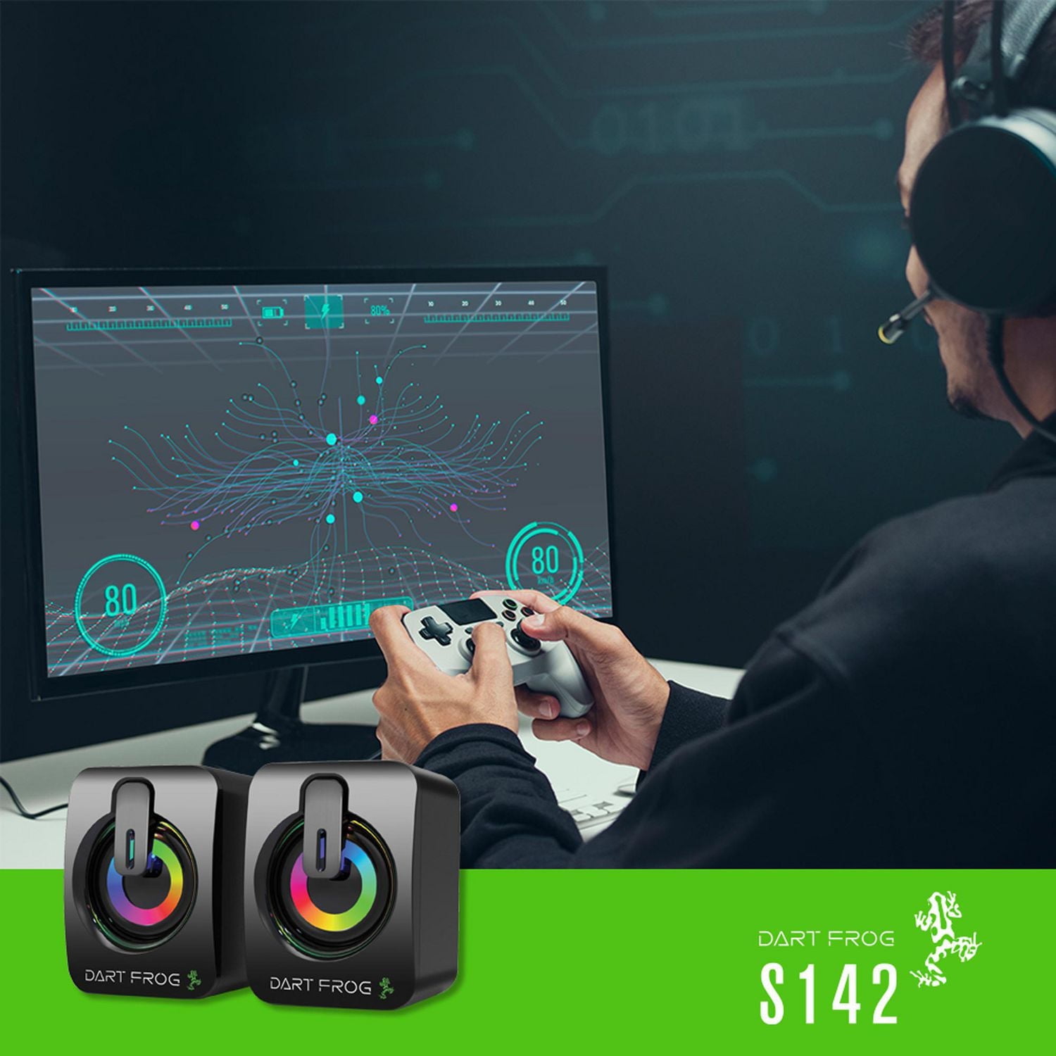 Dart Frog 2.0 Channel Computer Gaming Speakers with Dual LED RGB Lighting - Black