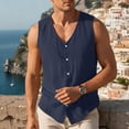 thumbnail image 5 of Men's V Neck Vest Cotton Linen Sleeveless Vest Button Up Sleeveless Tops Casual Layering Spring Summer Business Top Navy 2XL, 5 of 6
