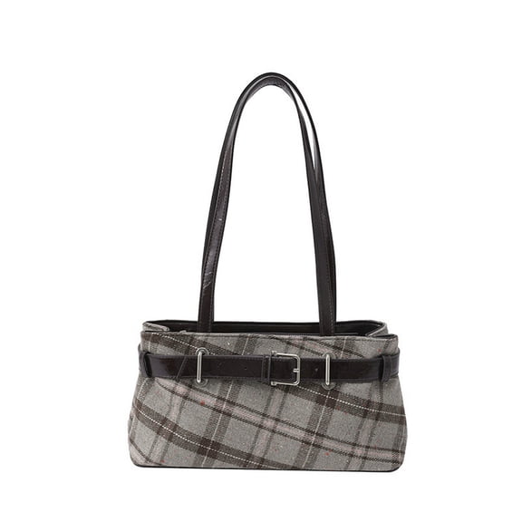Women Vintage Plaid Wool Shoulder Tote Bag, Retro Checkered Handbag with Buckle Strap, Casual Top‑Handle Satchel Purse for Daily Work Shopping
