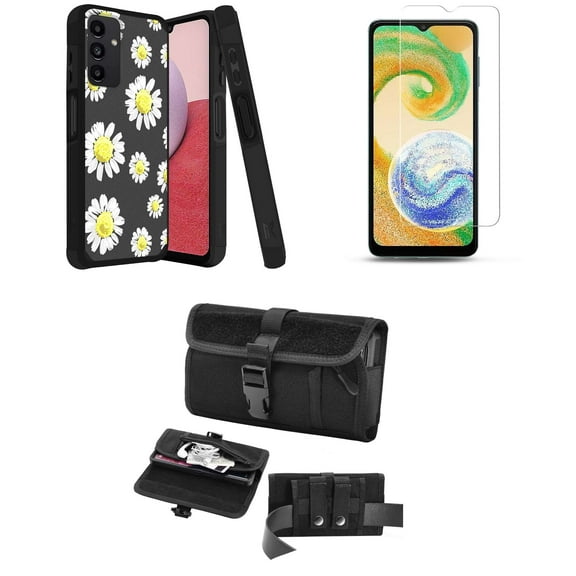 MK Dual Layer Slim Case for Galaxy A14 5G with Durable Shockproof Protective Cover with Glass Screen Protector and Horizontal Rugged Release Buckle Belt Holster Travel Pouch (Chamomile Floral)