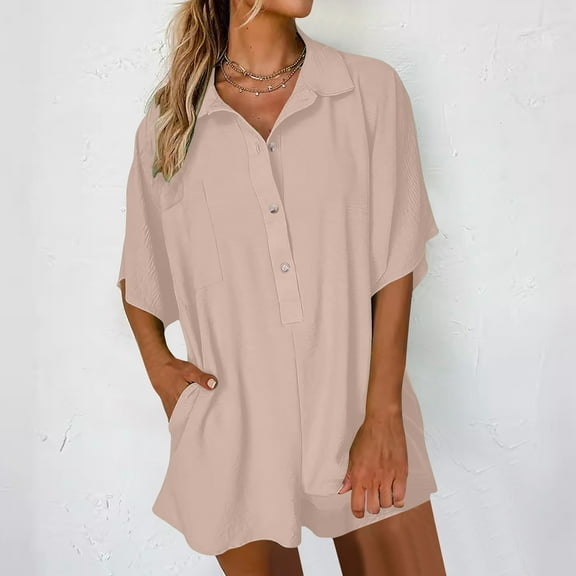 BSDJILFG Summer Rompers for Women 2025 Dressy Casual Short Jumpsuits Long Sleeve Shirts Comfy Ruffle Button Down Collared Loose Lounge Sleepwear Workwear Overalls