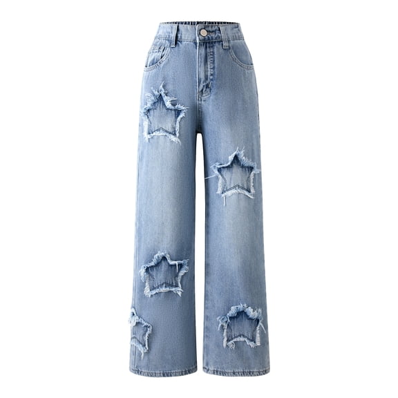 FEDPOP Baggy Jeans for Girls Wide Leg Ripped High Elastic Waisted Denim Pants Cute Summer Trousers Y2K Streetwear 7-14Y