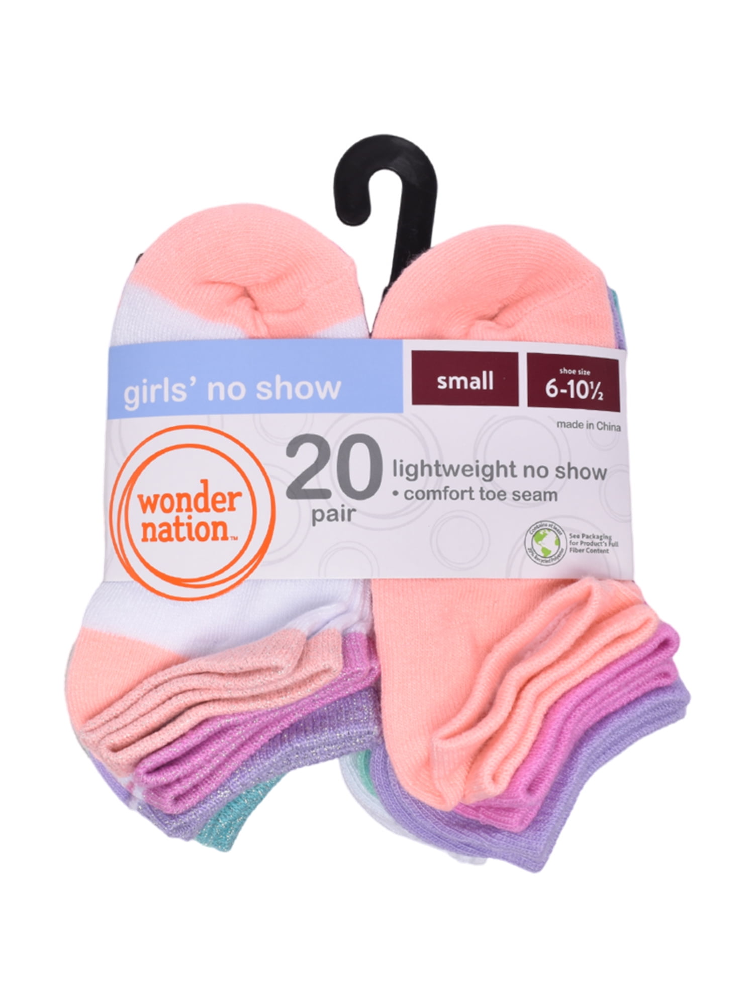 Wonder Nation Girls No Show Socks, 20-Pack, Sizes S-L