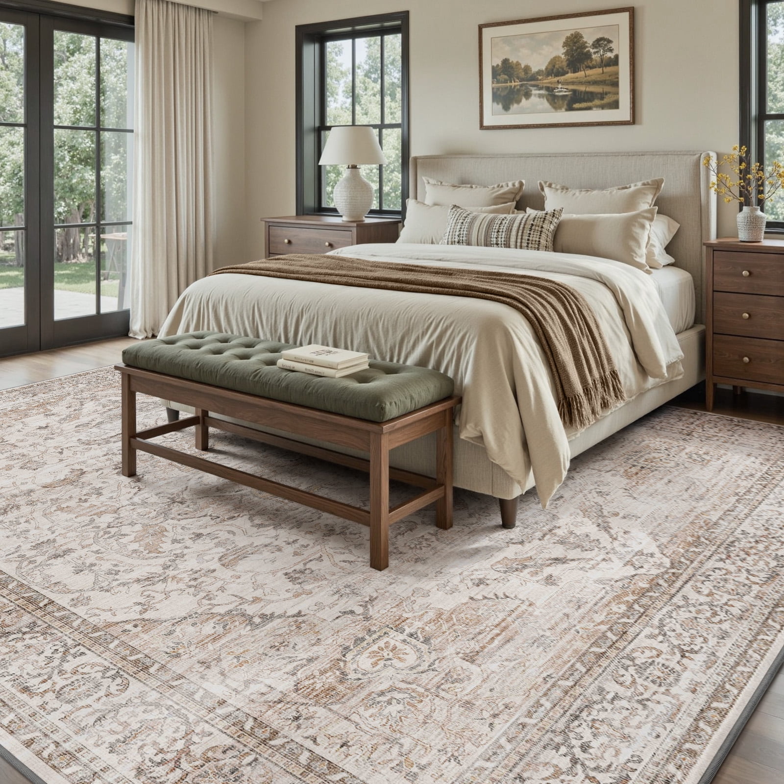 SIXHOME 5'x7' Area Rugs for Living Room Washable Vintage Medallion Rug Oriental Floral Distressed Carpet Ultra Soft Indoor Rugs for Bedroom Dining Room Retro Home Decor Beige