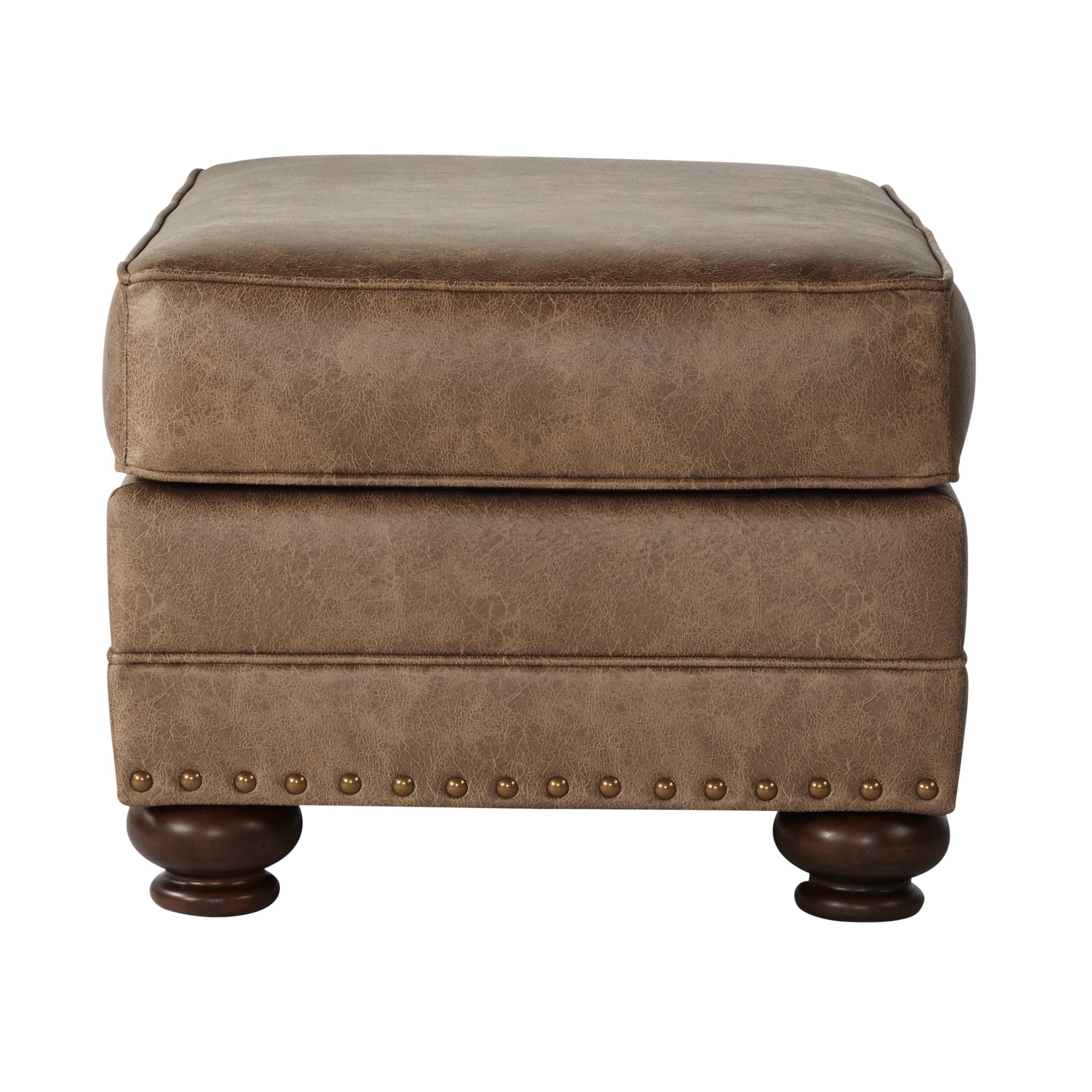 Faux Leather In Ginger Brown - Antique Bronze Nailheads, Wood Feet, Rectangular Solid Pattern, Backless, American Traditional Theme Shape Upholstery, Decor