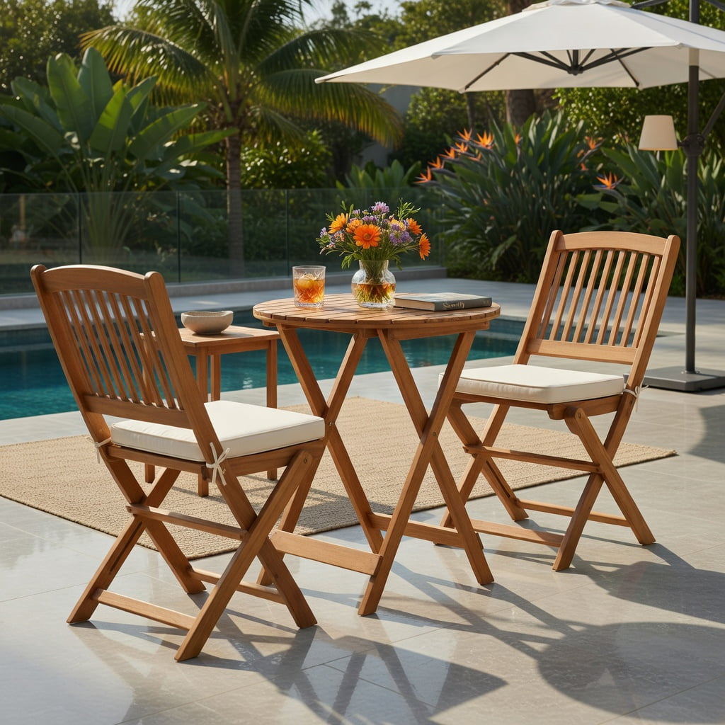 Hommoo 3-Piece Acacia Wood Folding Bistro Set with Removable Cushions, Outdoor Patio Chairs & Round Table for Balcony, Porch, Garden, Natural