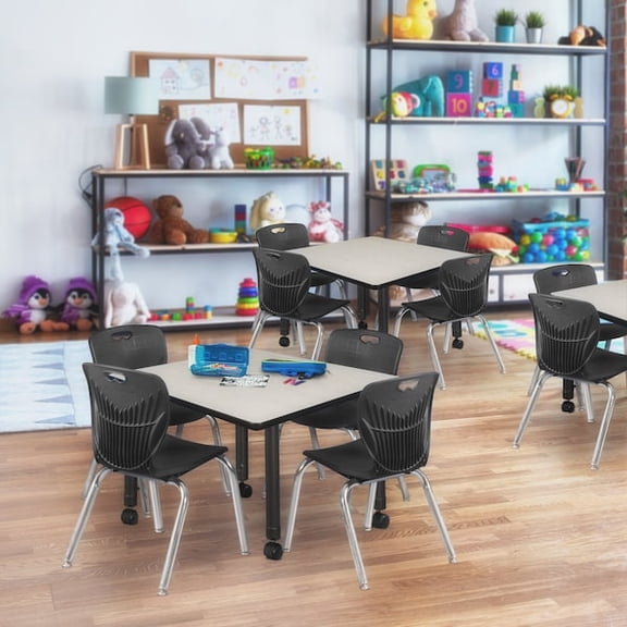 Regency 36 Square Mobile Classroom Table- Maple & 4 4 Andy 12 Stack Chairs- Black