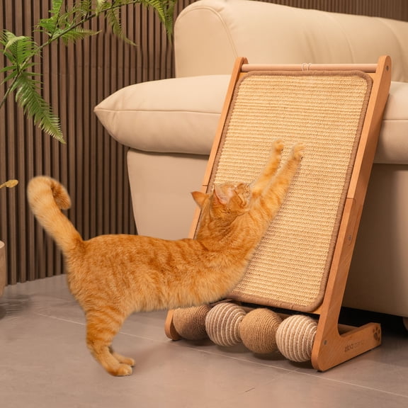 CheerPals Solid Wood Cat Scratcher Ramp with 100% Natural Sisal Pad, Interactive Sisal Balls & Teaser Toy, Heavy Duty Furniture Protector for Indoor Cats, Supports up to 80 lbs