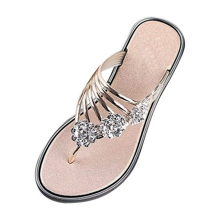 CHOII Clearance Women Slippers Girls Flat Bohemian Style Casual Sandals Slippers Open Toe Beach Shoes with 3 Artificial Diamond Flowers Flip Flops for Women Rose Gold/8