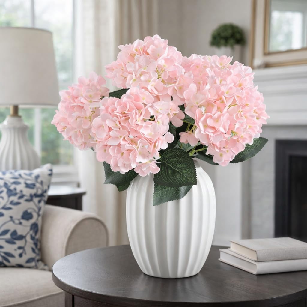 Front Porch Hydrangeas, 17.7in 5 Heads Hydrangea Artificial Flowers Outdoor Uv-Resistant Waterproof Windproof Never Faded, Realistic Silk Faux Floral for Spring Wedding Yard Garden