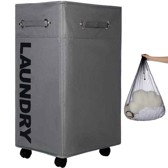 Caroeas 30'' Pro  Extra Large Rolling Laundry Basket with wheels, Collapsible Laundry Hamper on Wheels Tall Thin Narrow Foldable Storage Bins for Corner, Gray