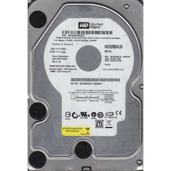 WD3200AVJS-63WDA0, DCM HHRCNTJCHN, Western Digital 320GB SATA 3.5 Hard Drive